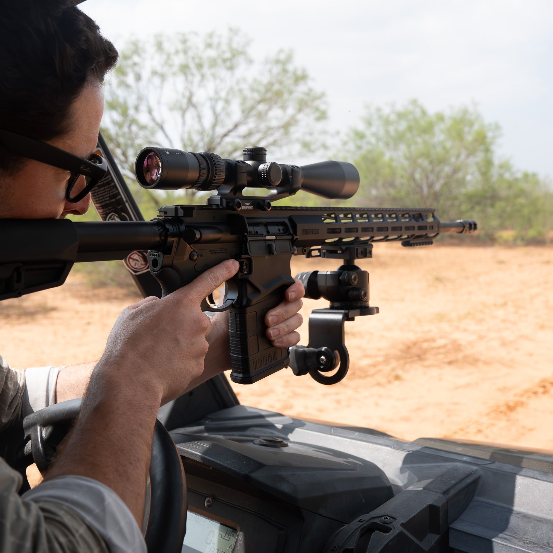 Hunter steadying gear on a Connect Hub and ballhead from the seat of a side-by-side