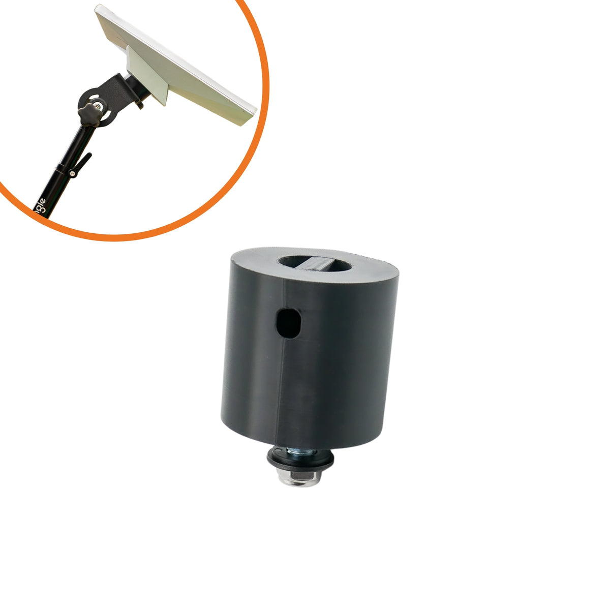 Altangle Starlink Mini pole mount adapter on a white background, showing the keyed top slot and mounting bolt, with an inset of the dish mounted