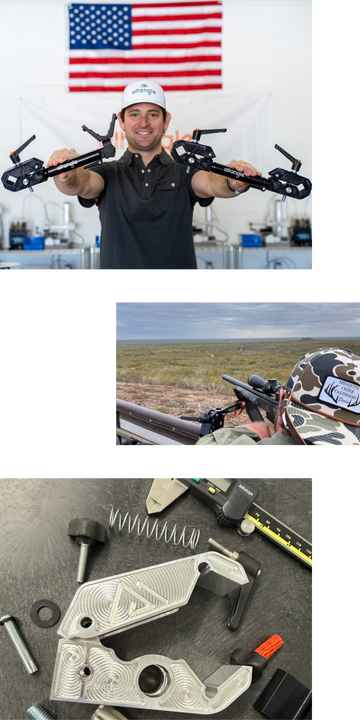 Hunting tools made in the USA photo with cmc machined clamp and tools and person holding two tools in front of American flag 